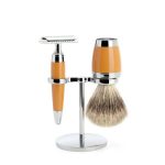 Бритвенный набор MUEHLE STYLO, смола, цвет карамели, барсучий ворс категории Fine, Т-образная бритва