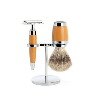 Бритвенный набор MUEHLE STYLO, смола, цвет карамели, барсучий ворс категории Fine, Т-образная бритва